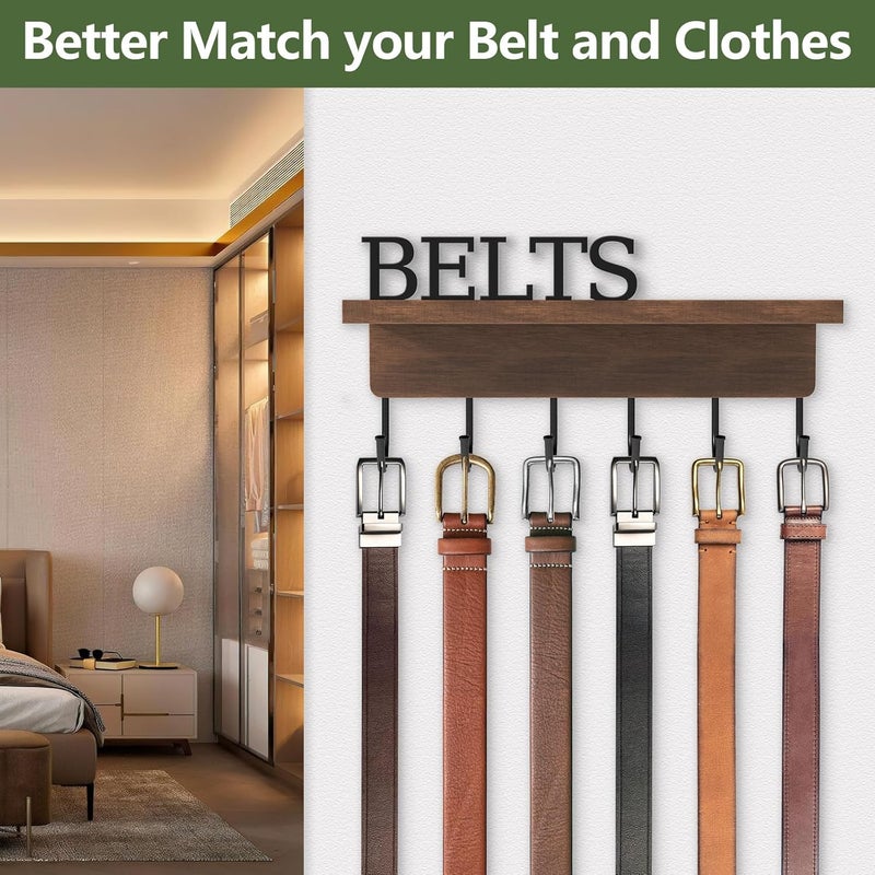FIPUTE Belt Hanger Organizer for Closet, Wall Mount Belt Rack, Wooden Belt and Tie Organizer for Stores and Displays Mens Accessories (Length 9.8”) Brown - Image 5